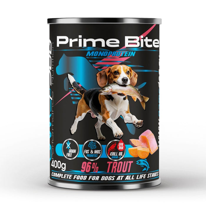 PRIME BITE Монопротеинова пъстърва със сладки картофи - мокра храна за кучета - 400 г