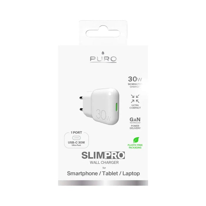 GaN Puro SLIMPRO 30W USB-C стенно зарядно устройство - бяло