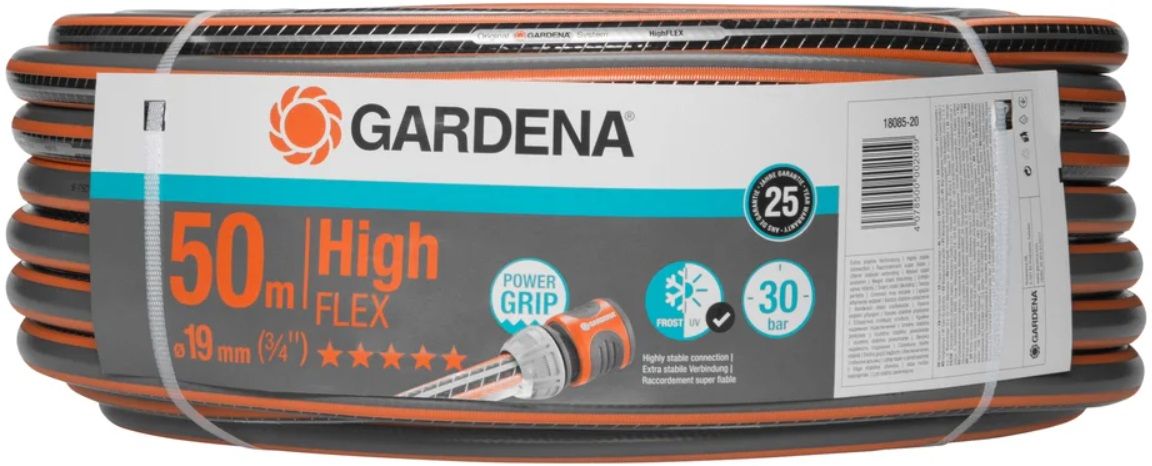 Градински маркуч Gardena - Comfort High Flex, 3/4", 50 m, 19 mm, черно-оранжев
