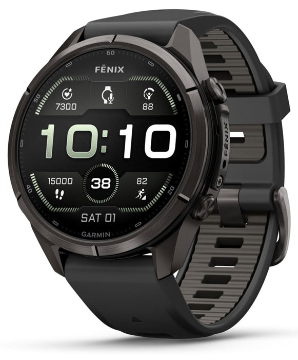 Смарт часовник Garmin - Fenix 9 Pro, inReach, 43 mm, 1.3'', Carbon Gray DLC Titanium, Black/Grey Silicone Band