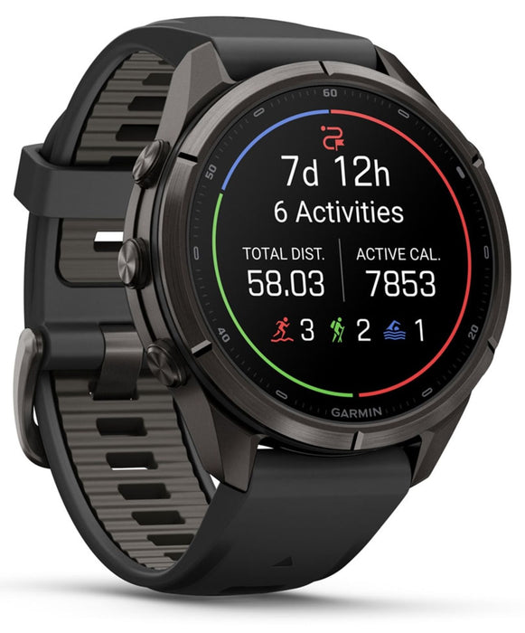 Смарт часовник Garmin - Fenix 9 Pro, inReach, 43 mm, 1.3'', Carbon Gray DLC Titanium, Black/Grey Silicone Band