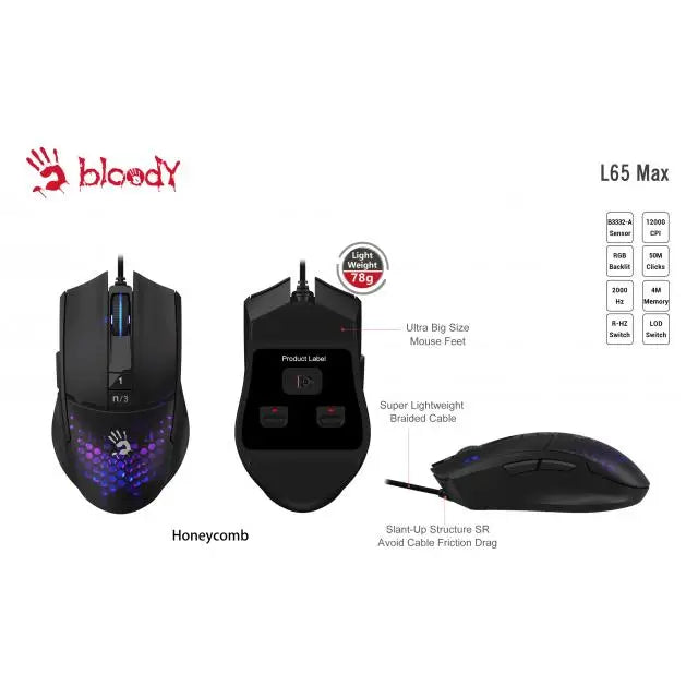 Геймърска мишка A4tech bloody L65 Max Жична 12000 cpi Черна