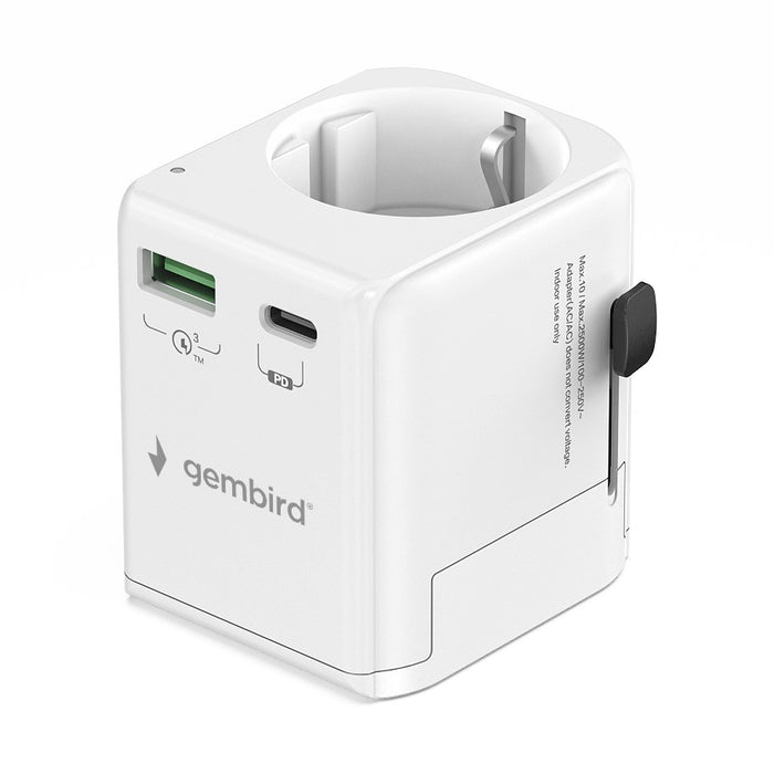 Gembird TPA-EU1A1C20-01-W Заземен универсален захранващ адаптер за пътуване, 20 W, бял