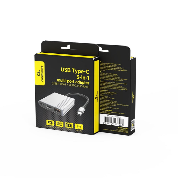Gembird A-CM-COMBO3-05 USB Type-C 3-в-1 многопортов адаптер (USB порт + HDMI + USB-C видео), цвят космическо сиво