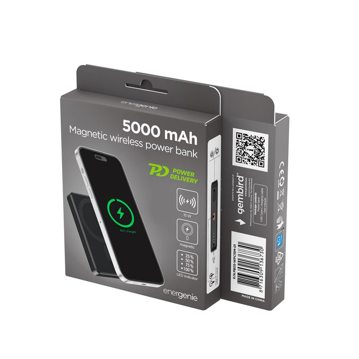 Gembird PB05-WPC15M-01 Магнитна безжична външна батерия 15 W, 5000 mAh, черна