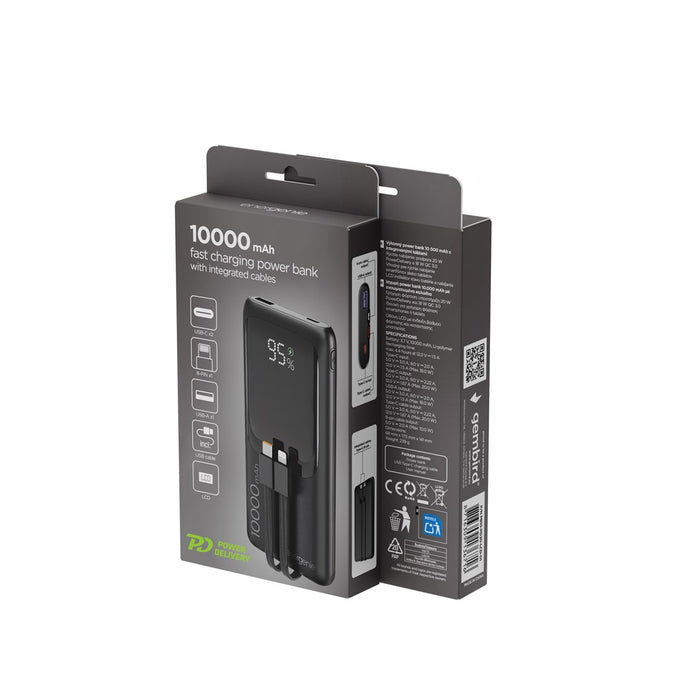 Gembird PB10-PD20-LCD-01 Външна батерия с бързо зареждане и вградени кабели, 20W, 10000 mAh, черна