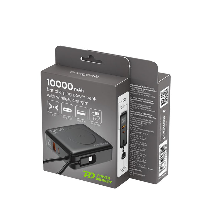 Gembird PB10-WPC15-LCD-01 Външна батерия с бързо зареждане и безжично зарядно, 20W, 10000 mAh, черна