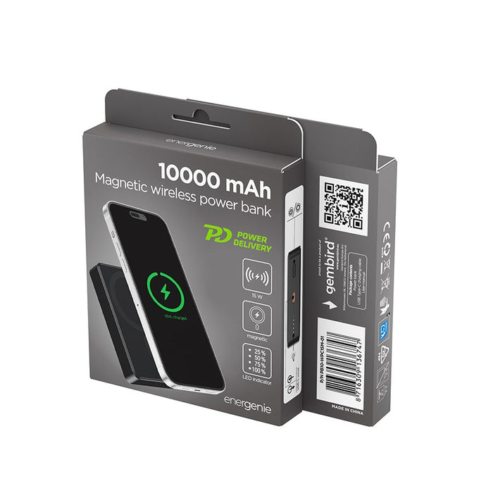 Gembird PB10-WPC15M-01 Магнитна безжична външна батерия 15 W, 10000 mAh, черна