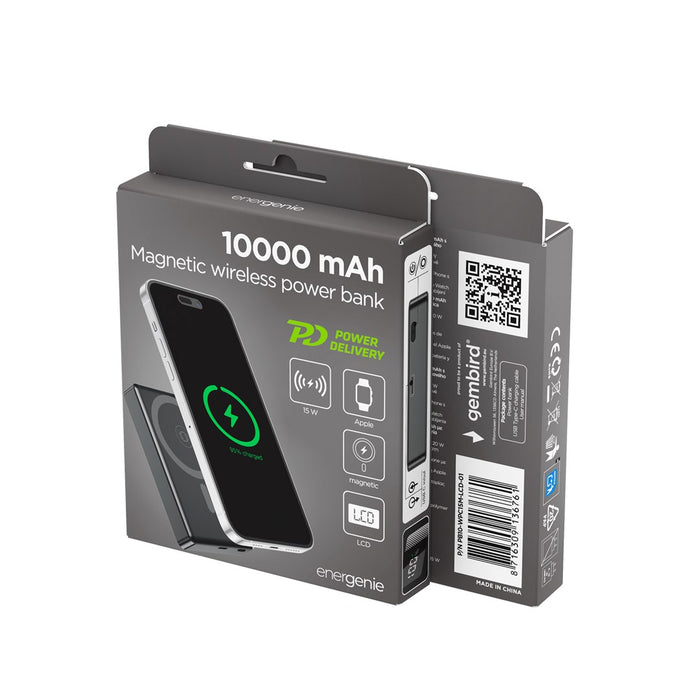 Gembird PB10-WPC15M-LCD-01 Магнитна безжична външна батерия с LCD, 15W, 10000 mAh, черна