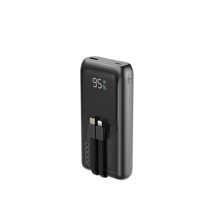 Gembird PB20-PD20-LCD-01 Външна батерия с бързо зареждане и вградени кабели, 20W, 20000 mAh, черна