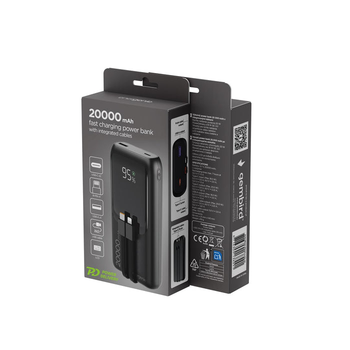 Gembird PB20-PD20-LCD-01 Външна батерия с бързо зареждане и вградени кабели, 20W, 20000 mAh, черна