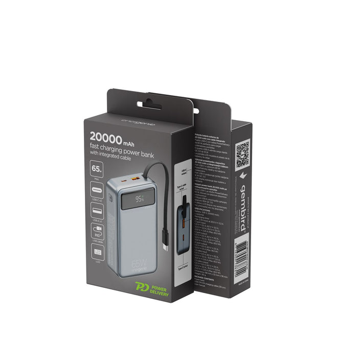 Gembird PB20-PD65-LCD-01 Външна батерия с бързо зареждане и вградени кабели, 65W, 20000 mAh, черна