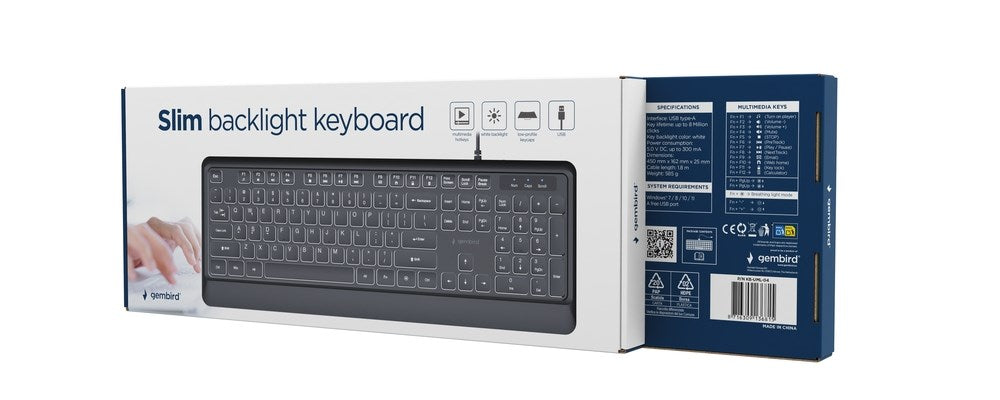 Gembird KB-UML-04 Тънка клавиатура с кабелна подсветка, черна, американска подредба
