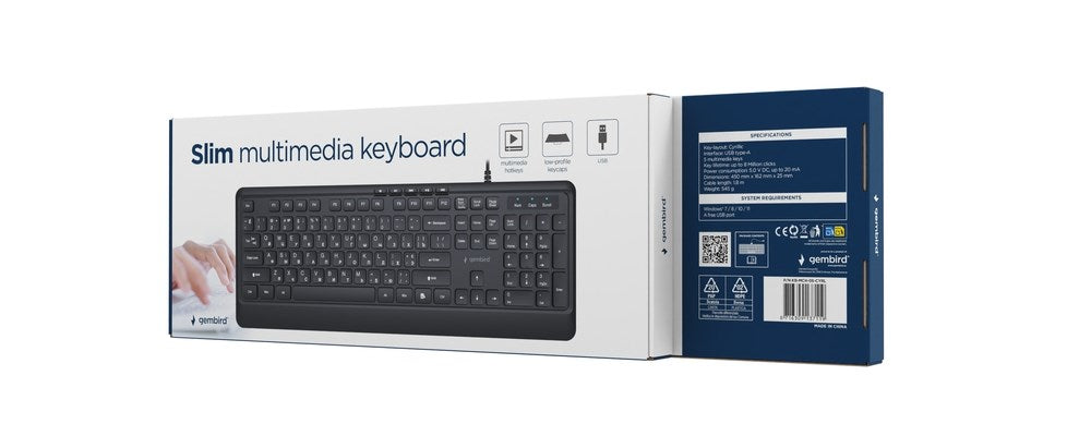 Gembird KB-MCH-05-CYRL Тънка жична мултимедийна клавиатура, черна, RU разкладка