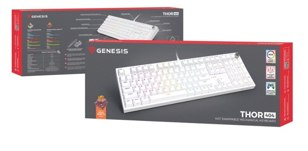 Механична клавиатура Genesis - Thor 404, Outemu Peach Silent, RGB, бяла