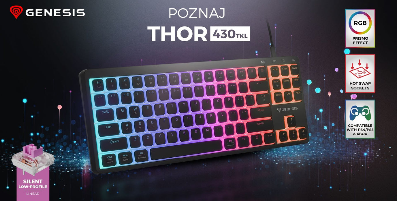 Механична клавиатура Genesis - Thor 430 TKL, Outemu Silent Pink, RGB, черна