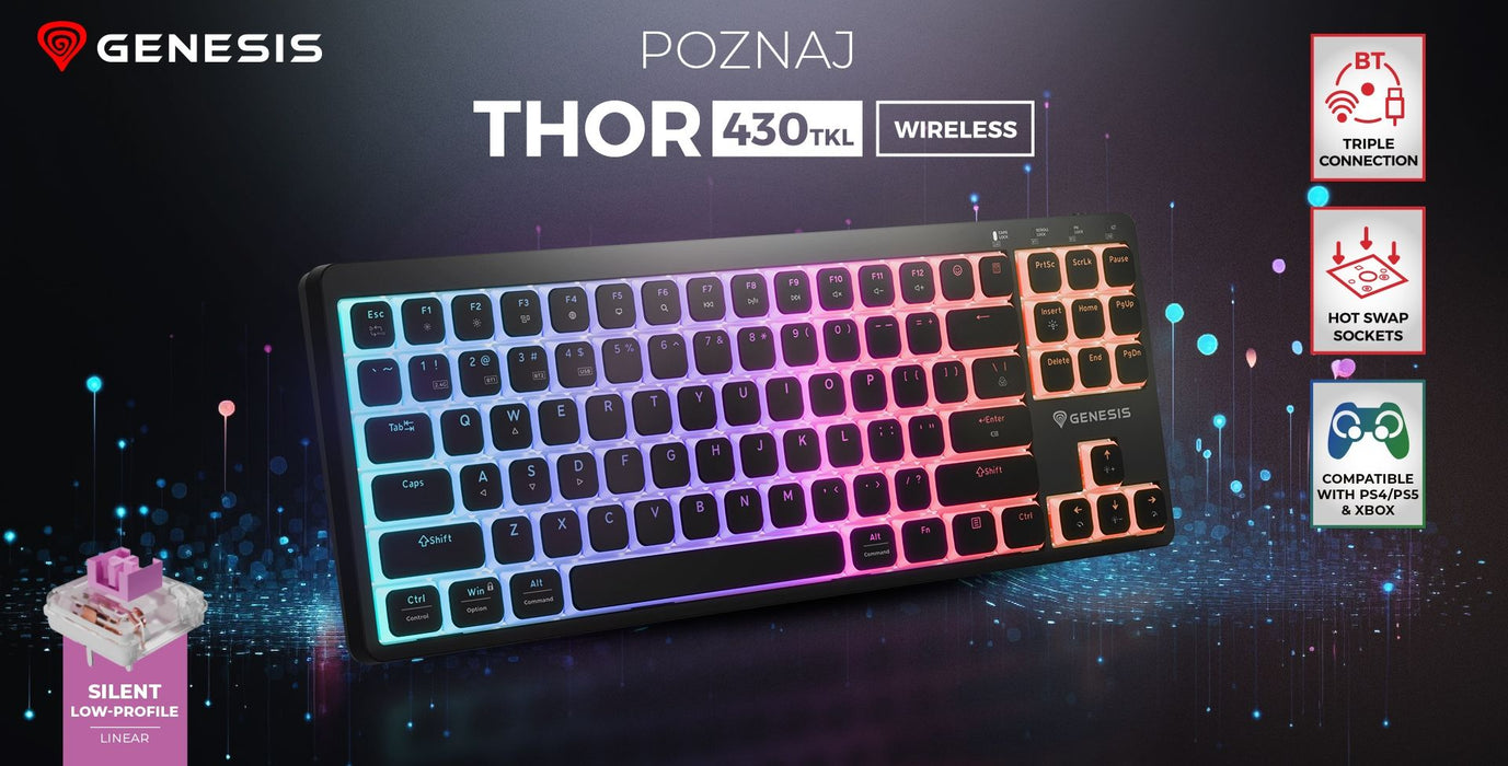 Механична гейминг клавиатура Genesis - Thor 430 TKL Wireless, безжична, Outemu Peach Silent, RGB, черна