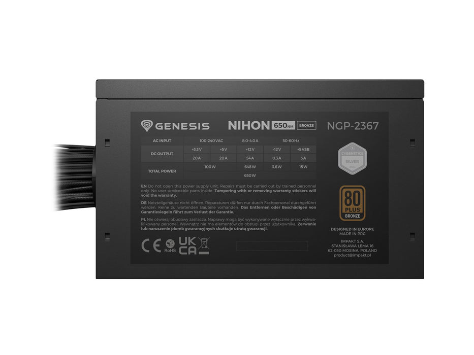 Захранващ блок GENESIS Nihon 650NM, 650 W, 20+4-пинов, ATX, ATX, черен