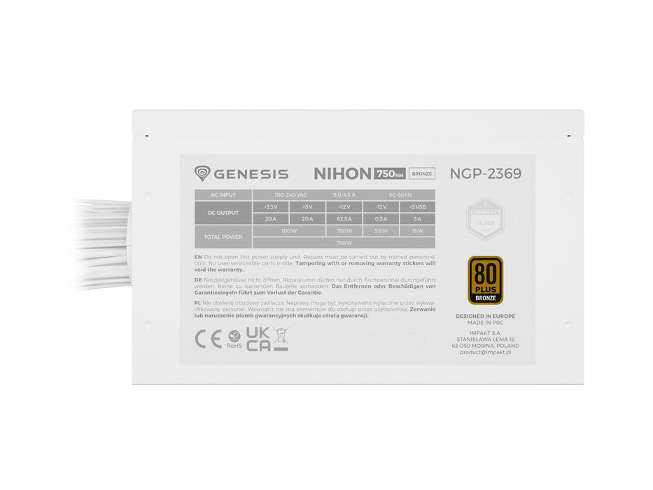 Захранващ блок GENESIS Nihon 750NM, 750 W, 20+4-пинов, ATX, ATX, черен