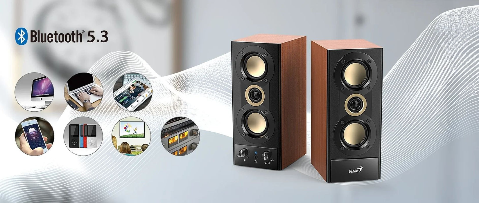 Аудио система Genius - SP-HF800BT, 2.0, 20W, Bluetooth 5.3, кафява