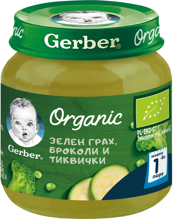 Био пюре със зелен грах, броколи и тиквички, 6+м, 125 g