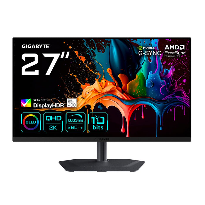 GIGABYTE MO27Q3 27” OLED QHD геймърски монитор - 2560 x 1440, 360Hz, 0.03ms, 250 cd/m², съвместим с G-Sync, FreeSync Premium Pro, Display HDR True Black 400, HDMI 2.1, Displayport 1.4