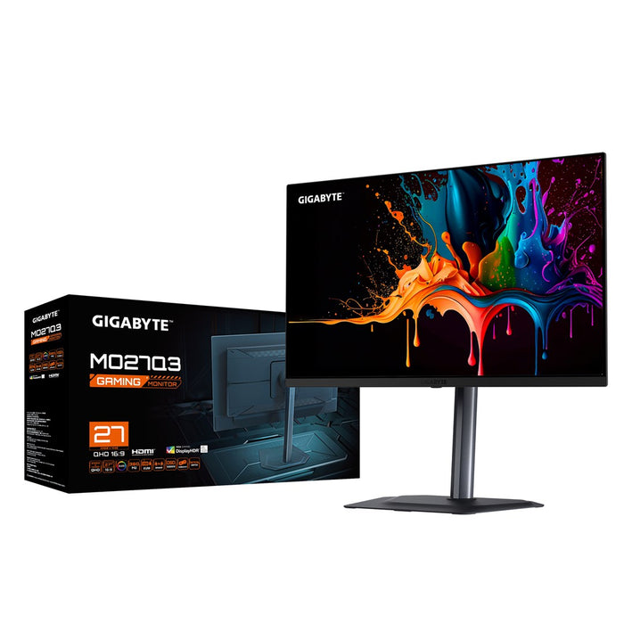 GIGABYTE MO27Q3 27” OLED QHD геймърски монитор - 2560 x 1440, 360Hz, 0.03ms, 250 cd/m², съвместим с G-Sync, FreeSync Premium Pro, Display HDR True Black 400, HDMI 2.1, Displayport 1.4