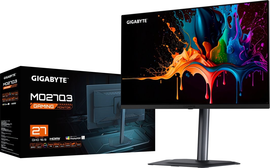 GIGABYTE MO27Q3 27” OLED QHD геймърски монитор - 2560 x 1440, 360Hz, 0.03ms, 250 cd/m², съвместим с G-Sync, FreeSync Premium Pro, Display HDR True Black 400, HDMI 2.1, Displayport 1.4