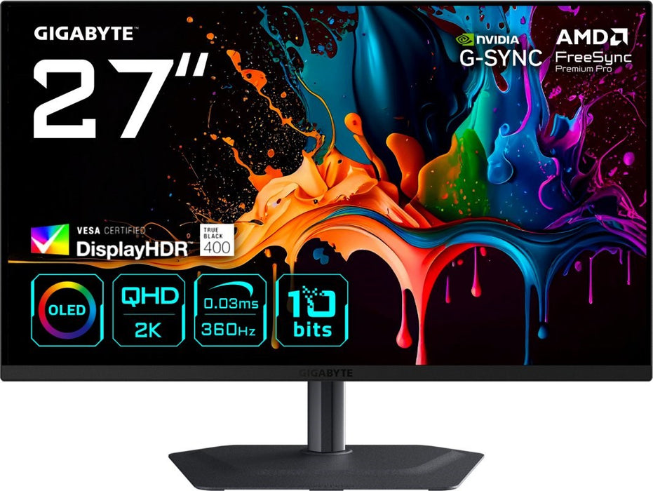 GIGABYTE MO27Q3 27” OLED QHD геймърски монитор - 2560 x 1440, 360Hz, 0.03ms, 250 cd/m², съвместим с G-Sync, FreeSync Premium Pro, Display HDR True Black 400, HDMI 2.1, Displayport 1.4