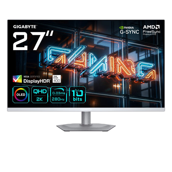 GIGABYTE MO27Q2A ICE 27” OLED 2K QHD геймърски монитор - 2560 x 1440, 280Hz, 0.03ms, 250 cd/m², FreeSync Premium Pro, DisplayHDR True Black 400, HDMI 2.1, Displayport 1.4