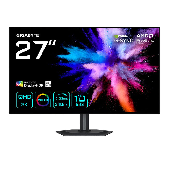 GIGABYTE GO27Q24G 27” OLED 2K QHD геймърски монитор - 2560 x 1440, 240Hz, 0.03ms, 275 cd/m², FreeSync Premium, съвместим с G-Sync, HDMI 2.1, Displayport 1.4