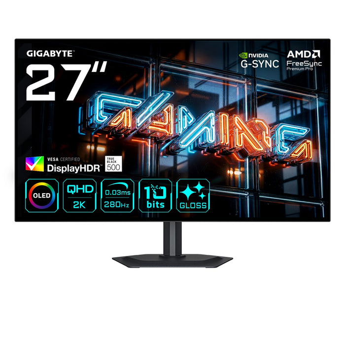 GIGABYTE MO27Q28GR 27” гланцов WOLED QHD геймърски монитор - 2560 x 1440, 280Hz, 0.03ms, 335 cd/m², дисплей HDR True Black 500, HDMI 2.1, Displayport 1.4
