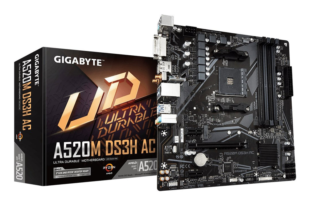 Дънна платка GIGABYTE A520M DS3H AC - процесори AMD Ryzen 5000 серия, 5+3 фази VRM, до 4733MHz DDR5 (OC), 1xPCIe 3.0 M.2, GbE LAN, WIFI 5, USB 3.2 Gen 1
