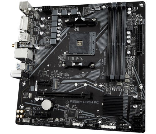 Дънна платка GIGABYTE A520M DS3H AC - процесори AMD Ryzen 5000 серия, 5+3 фази VRM, до 4733MHz DDR5 (OC), 1xPCIe 3.0 M.2, GbE LAN, WIFI 5, USB 3.2 Gen 1