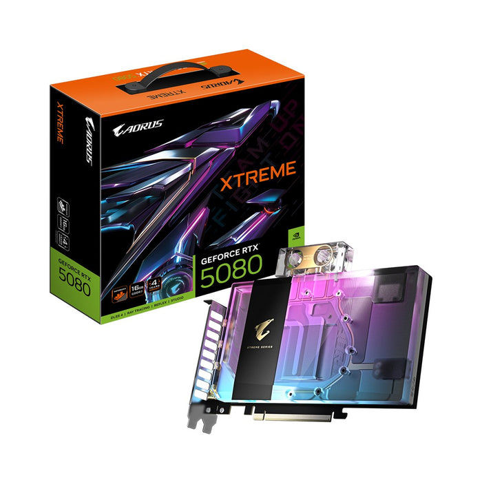 GIGABYTE AORUS GeForce RTX 5080 XTREME WATERFORCE WB 16G видеокарта - 16GB GDDR7, 256bit, PCI-E 5.0, 2805MHz тактова честота на ядрата, 3 x DP 2.1a, 1 x HDMI 2.1b, NVIDIA DLSS 4, GV-N5080AORUSX WB-16GD