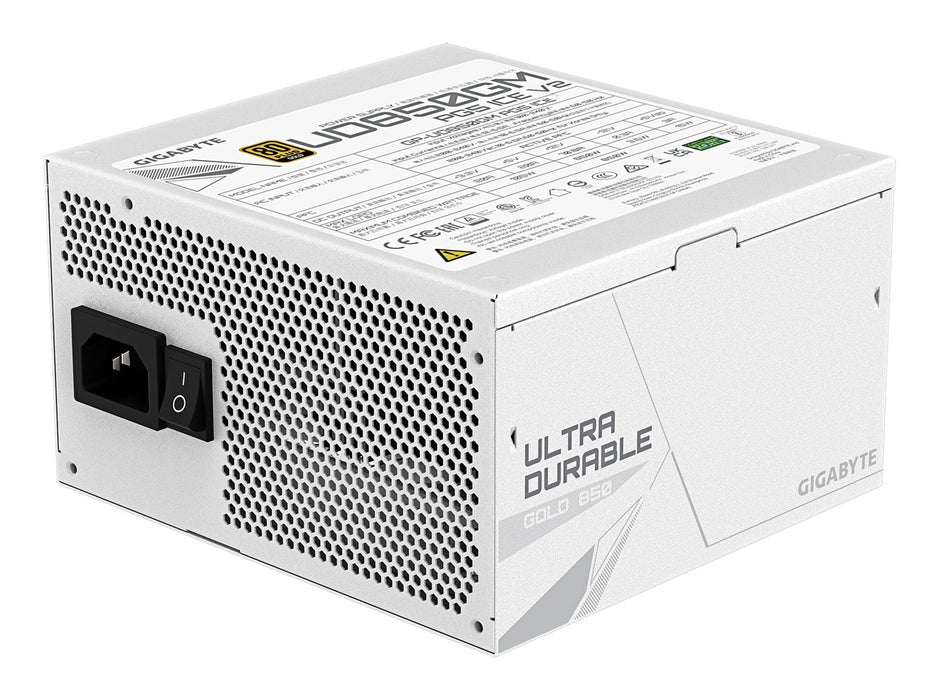 Захранващ блок GIGABYTE UD850GM PG5 V2 ICE - PCIe Gen 5.1, 80 PLUS Gold, напълно модулен дизайн, 120 мм вентилатор, съвместим с ATX 3.1, EU щепсел