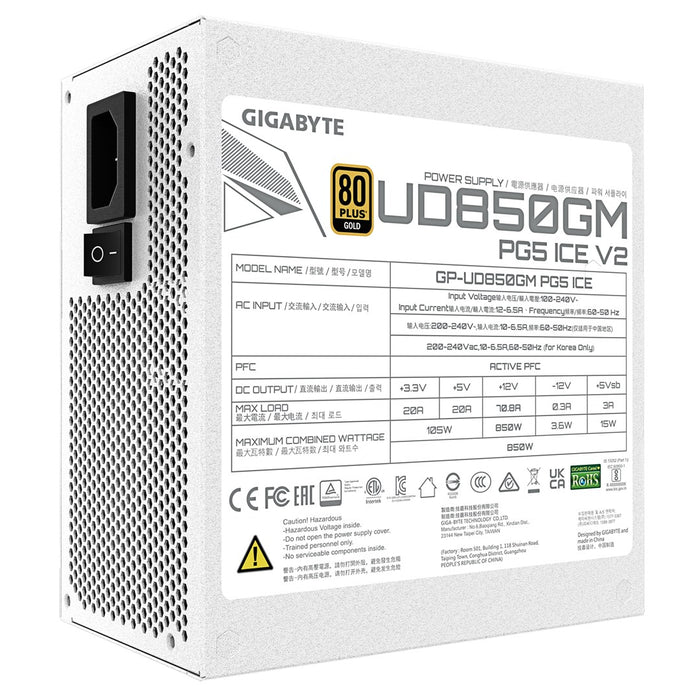 Захранващ блок GIGABYTE UD850GM PG5 V2 ICE - PCIe Gen 5.1, 80 PLUS Gold, напълно модулен дизайн, 120 мм вентилатор, съвместим с ATX 3.1, EU щепсел