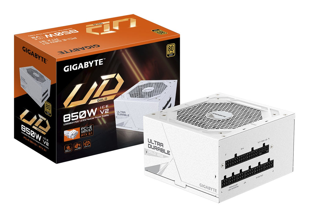 Захранващ блок GIGABYTE UD850GM PG5 V2 ICE - PCIe Gen 5.1, 80 PLUS Gold, напълно модулен дизайн, 120 мм вентилатор, съвместим с ATX 3.1, EU щепсел