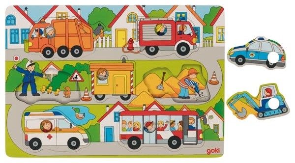 Дървен пъзел Goki - На улицата, с фон