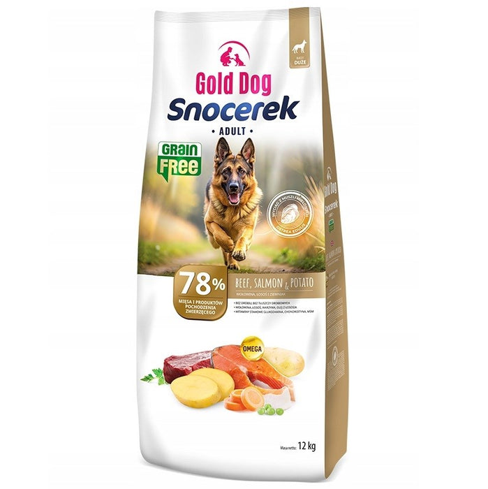 Gold Dog Snocerek БЕЗ ЗЪРНЕНИ КУЛТУРИ говеждо месо и сьомга, картофи - суха храна за кучета - 12 кг