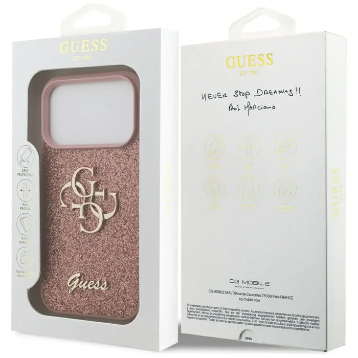 Голям 4G калъф Guess Fixed Glitter за iPhone 17 Pro - розов