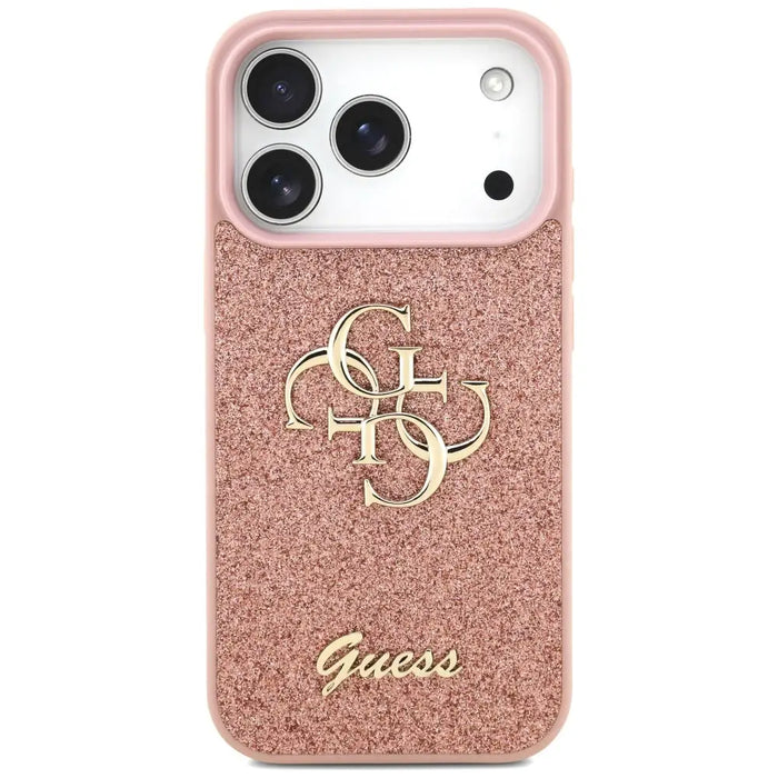 Голям 4G калъф Guess Fixed Glitter за iPhone 17 Pro - розов