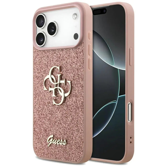 Голям 4G калъф Guess Fixed Glitter за iPhone 17 Pro Max