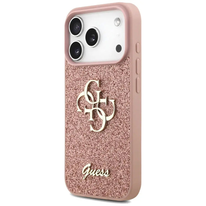 Голям 4G калъф Guess Fixed Glitter за iPhone 17 Pro - розов
