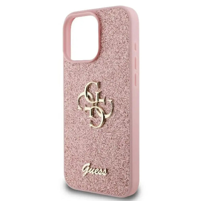 Голям 4G калъф Guess Fixed Glitter за iPhone 16 Pro - розов