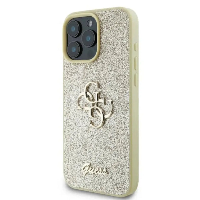 Голям 4G калъф Guess Fixed Glitter за iPhone 16 Pro - златен