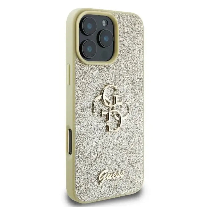 Голям 4G калъф Guess Fixed Glitter за iPhone 16 Pro - златен