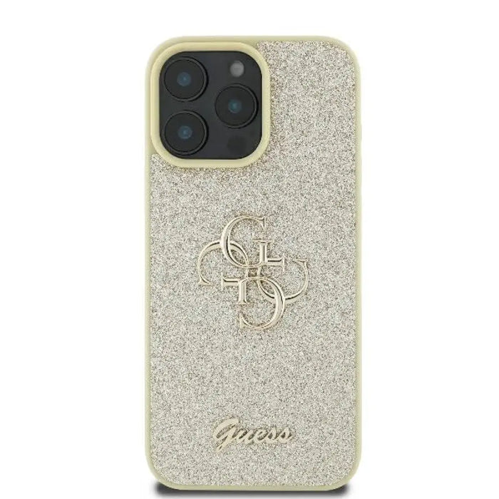 Голям 4G калъф Guess Fixed Glitter за iPhone 16 Pro - златен