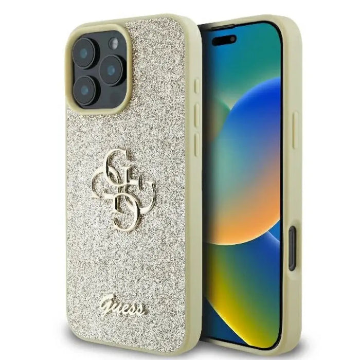 Голям 4G калъф Guess Fixed Glitter за iPhone 16 Pro - златен
