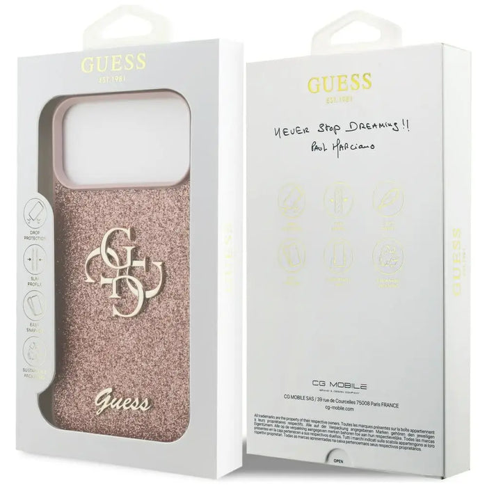 Голям 4G калъф Guess Fixed Glitter за iPhone 17 Pro Max